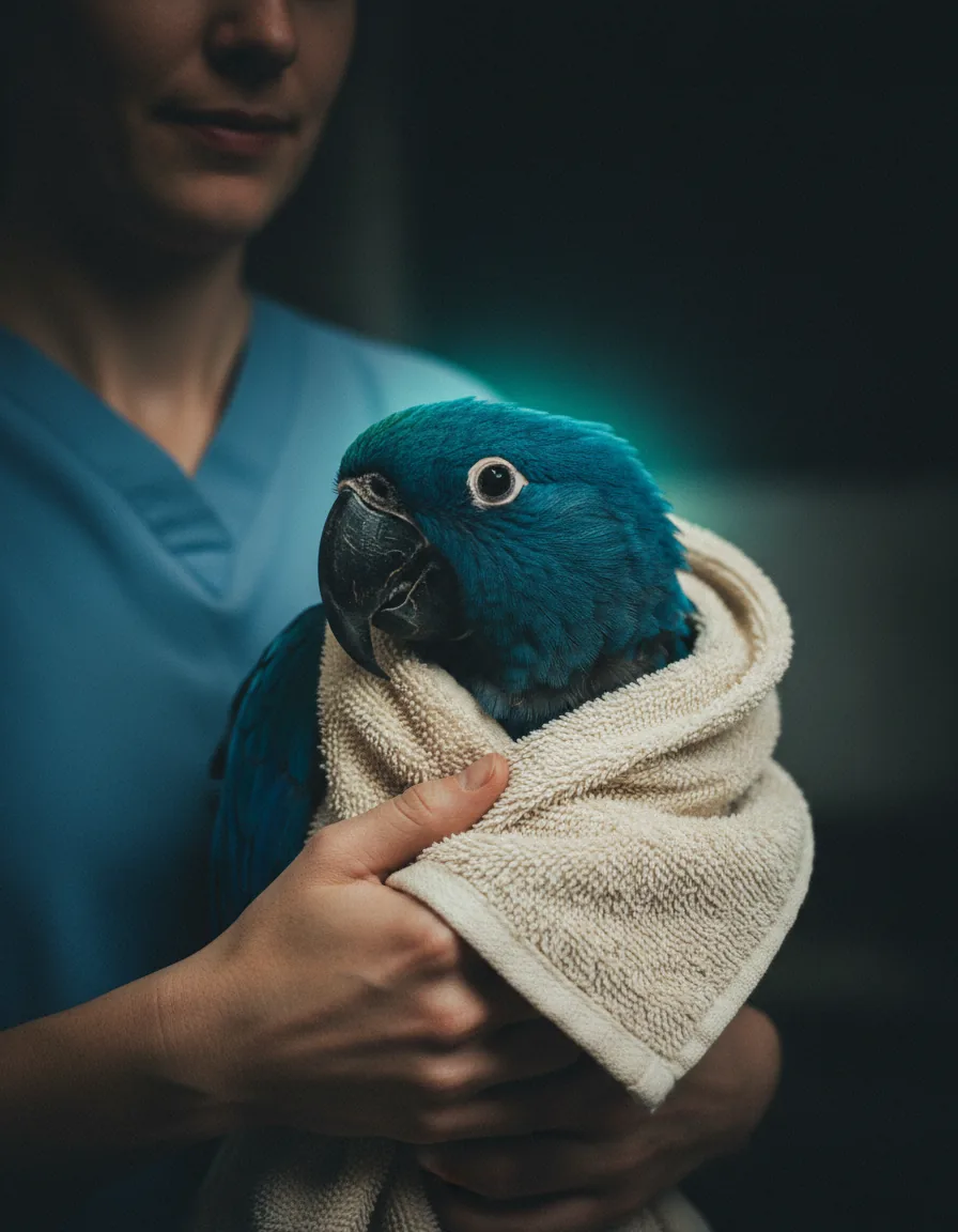 Arara azul envolvida em toalha clara sendo contida no colo de uma veterinária durante exame