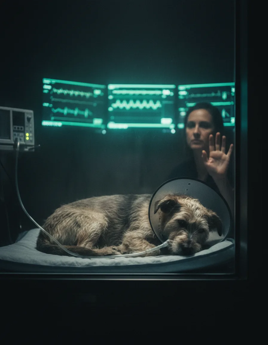 Cão internado em UTI veterinária com suporte de oxigênio
