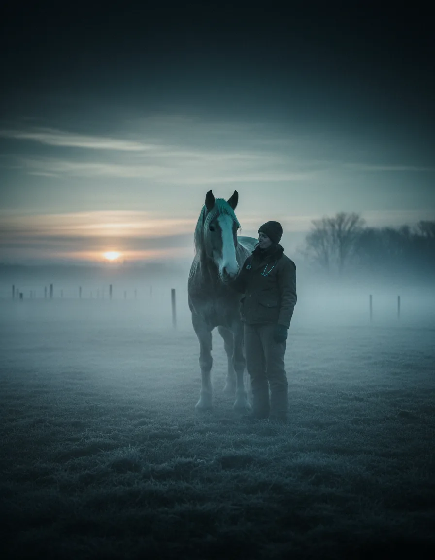Veterinário ao lado de um cavalo em piquete ao amanhecer com neblina densa