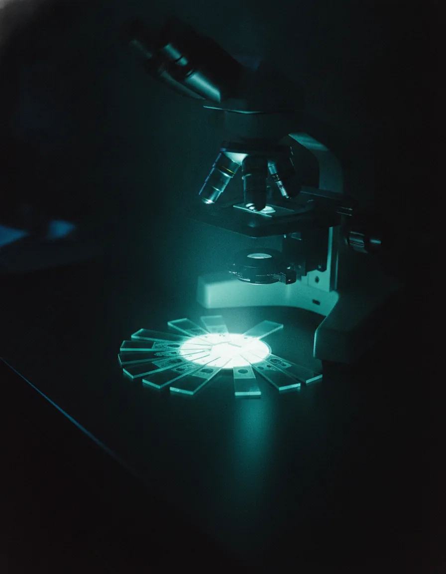 Microscópio e lâminas de histopatologia sobre bancada escura de laboratório