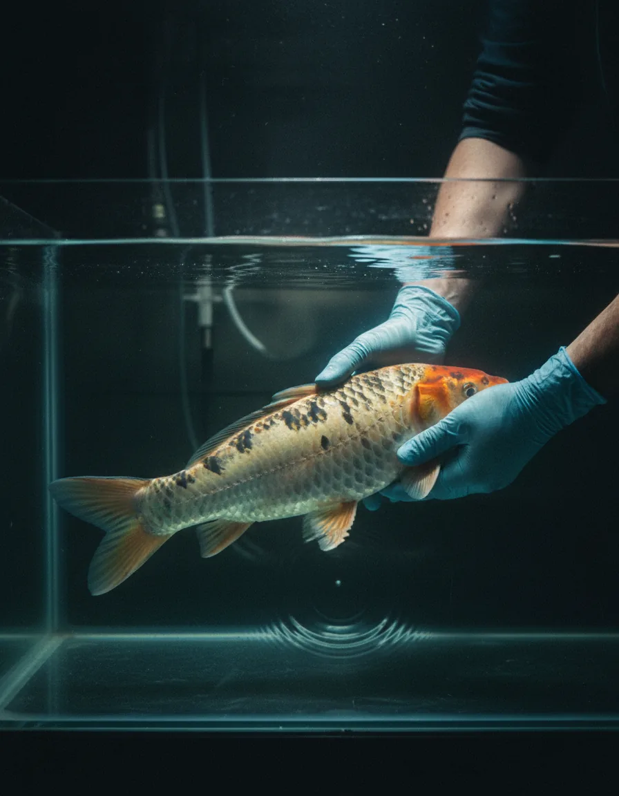 Carpa koi contida logo abaixo da superfície da água em tanque clínico