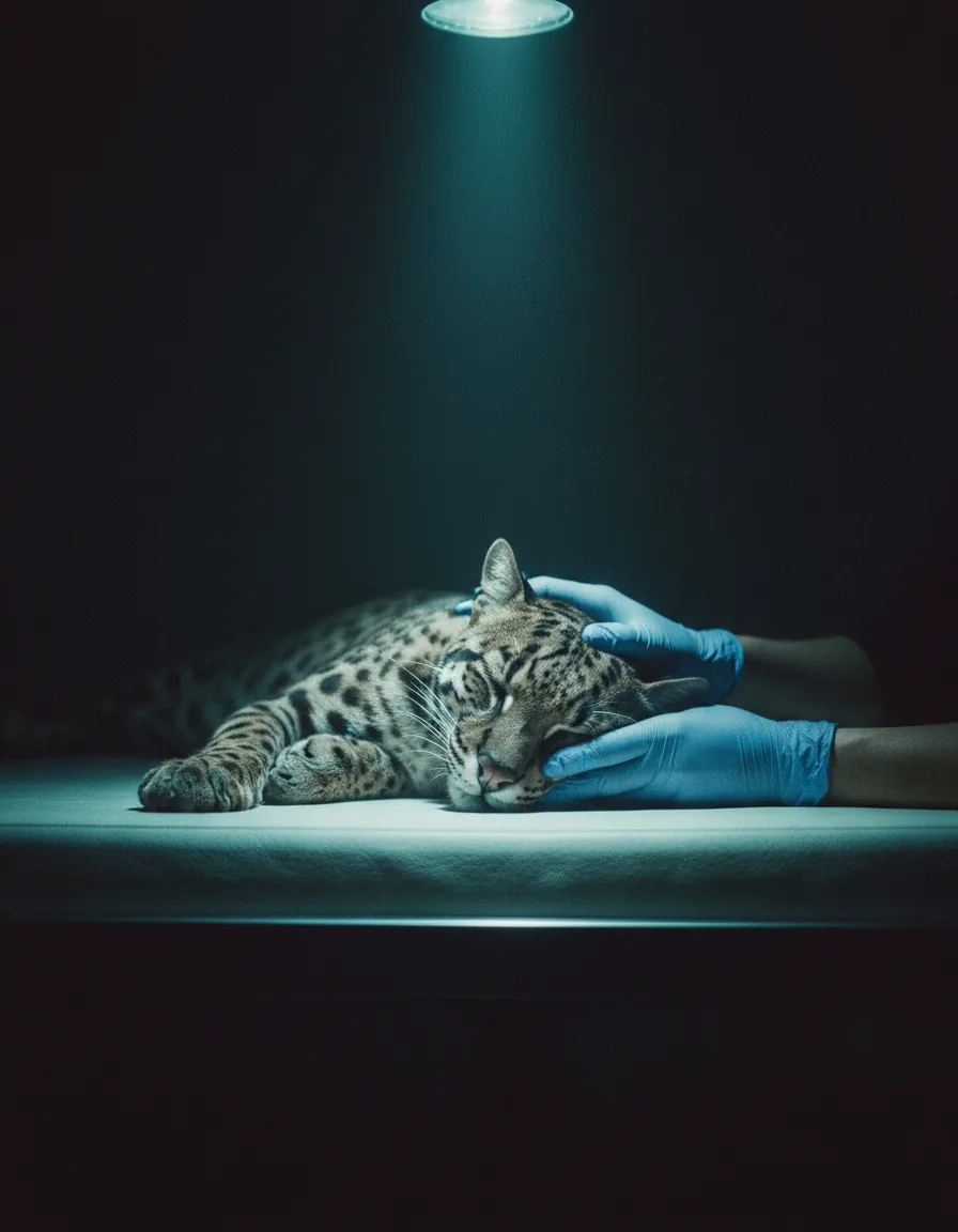 Jaguatirica sedada em mesa de exame durante avaliação clínica